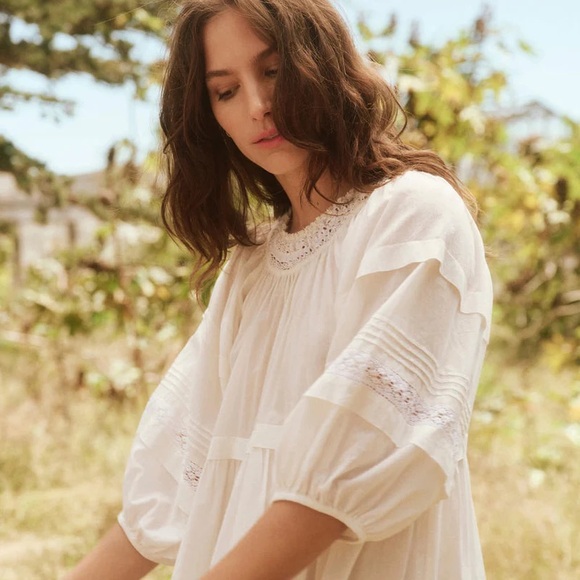 THE GREAT Short Nightingale Dress in Cream with Lace Inserts - Picture 3 of 5